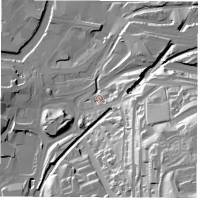 Shaded relief map of the ground around S25TL, computed from Environment Agency LiDAR. The ground here sits at about 55 m above sea level and falls 83 m across the surrounding 800 m. Surface water reaching this point runs off ground lying to the east-north-east, 20.6 m higher.