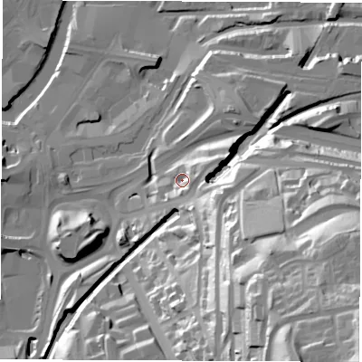 Shaded relief map of the ground around S25TP, computed from Environment Agency LiDAR. The ground here sits at about 56 m above sea level and falls 83 m across the surrounding 800 m. Surface water reaching this point runs off ground lying to the east, 8.9 m higher.