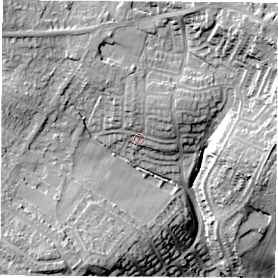 Shaded relief map of the ground around S262FR, computed from Environment Agency LiDAR. The ground here sits at about 88 m above sea level and falls 34 m across the surrounding 800 m. Surface water reaching this point runs off ground lying to the north-east, 6.4 m higher.