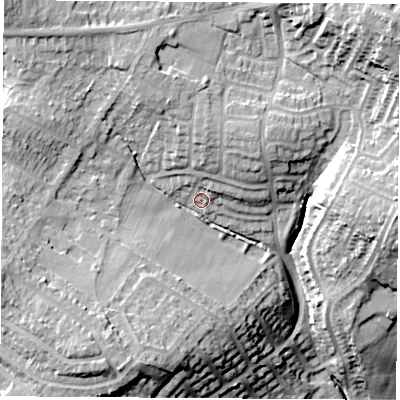 Shaded relief map of the ground around S262FX, computed from Environment Agency LiDAR. The ground here sits at about 86 m above sea level and falls 34 m across the surrounding 800 m. Surface water reaching this point runs off ground lying to the north, 6.5 m higher.