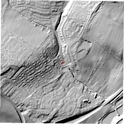 Shaded relief map of the ground around S262GF, computed from Environment Agency LiDAR. The ground here sits at about 74 m above sea level and falls 40 m across the surrounding 800 m. Surface water reaching this point runs off ground lying to the west, 27.6 m higher.