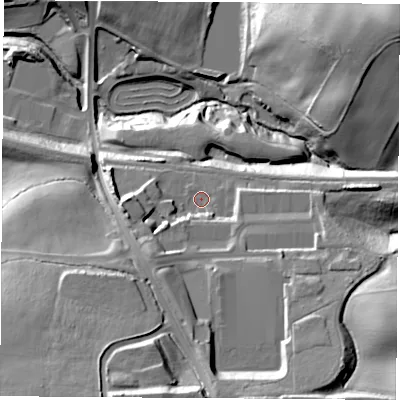 Shaded relief map of the ground around S265PQ, computed from Environment Agency LiDAR. The ground here sits at about 70 m above sea level and falls 43 m across the surrounding 800 m. Surface water reaching this point runs off ground lying to the south-west, 9.1 m higher.
