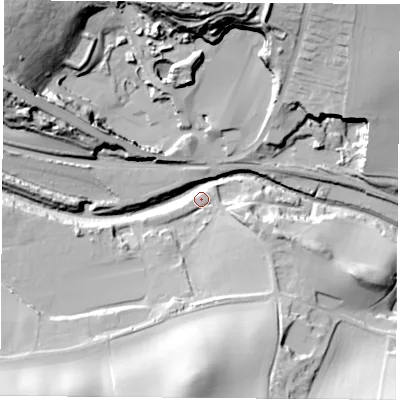 Shaded relief map of the ground around S266PB, computed from Environment Agency LiDAR. The ground here sits at about 84 m above sea level and falls 41 m across the surrounding 800 m. Surface water reaching this point runs off ground lying to the north, 40.8 m higher.