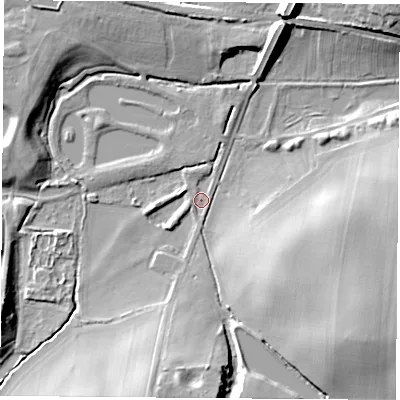 Shaded relief map of the ground around S266RP, computed from Environment Agency LiDAR. The ground here sits at about 86 m above sea level and falls 19 m across the surrounding 800 m. Surface water reaching this point runs off ground lying to the south-east, 17.5 m higher.