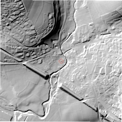 Shaded relief map of the ground around S321AD, computed from Environment Agency LiDAR. The ground here sits at about 148 m above sea level and falls 78 m across the surrounding 800 m. Surface water reaching this point runs off ground lying to the north-west, 12.9 m higher.