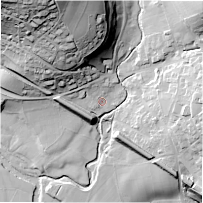 Shaded relief map of the ground around S321AE, computed from Environment Agency LiDAR. The ground here sits at about 149 m above sea level and falls 73 m across the surrounding 800 m. Surface water reaching this point runs off ground lying to the north-north-west, 46.9 m higher.