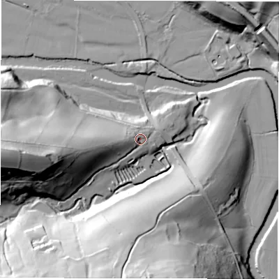 Shaded relief map of the ground around S321BA, computed from Environment Agency LiDAR. The ground here sits at about 145 m above sea level and falls 60 m across the surrounding 800 m. Surface water reaching this point runs off ground lying to the west-south-west, 28.8 m higher.