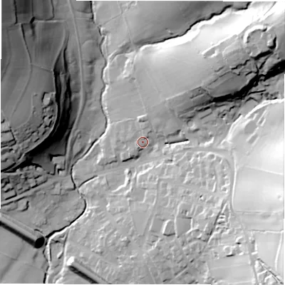 Shaded relief map of the ground around S321BB, computed from Environment Agency LiDAR. The ground here sits at about 158 m above sea level and falls 68 m across the surrounding 800 m. Surface water reaching this point runs off ground lying to the north-north-east, 3.0 m higher.