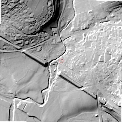 Shaded relief map of the ground around S321BG, computed from Environment Agency LiDAR. The ground here sits at about 148 m above sea level and falls 65 m across the surrounding 800 m. Surface water reaching this point runs off ground lying to the north-north-west, 50.2 m higher.