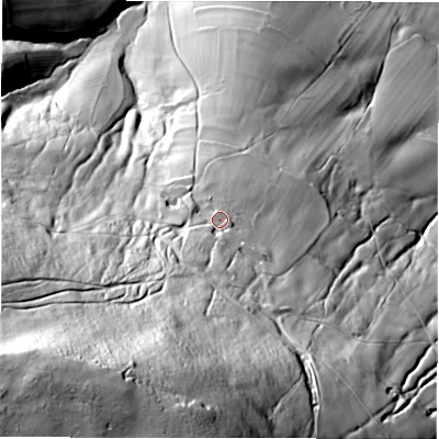 Shaded relief map of the ground around S321BP, computed from Environment Agency LiDAR. The ground here sits at about 223 m above sea level and falls 203 m across the surrounding 800 m. Surface water reaching this point runs off ground lying to the south-south-west, 118.6 m higher.
