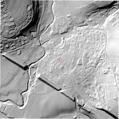 Shaded relief map of the ground around S321DD, computed from Environment Agency LiDAR. The ground here sits at about 156 m above sea level and falls 66 m across the surrounding 800 m. Surface water reaching this point runs off ground lying to the east-south-east, 41.6 m higher.