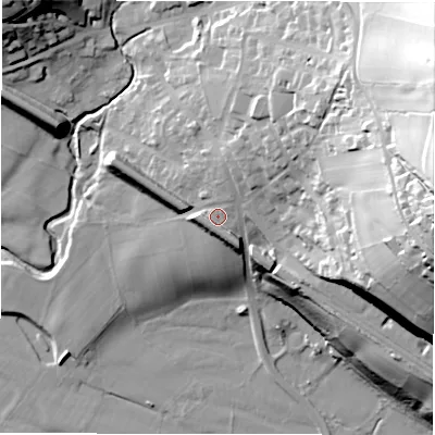 Shaded relief map of the ground around S321DH, computed from Environment Agency LiDAR. The ground here sits at about 155 m above sea level and falls 73 m across the surrounding 800 m. Surface water reaching this point runs off ground lying to the south-south-west, 4.0 m higher.