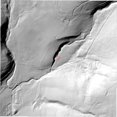 Shaded relief map of the ground around S321DY, computed from Environment Agency LiDAR. The ground here sits at about 213 m above sea level and falls 161 m across the surrounding 800 m. Surface water reaching this point runs off ground lying to the east-north-east, 98.8 m higher.