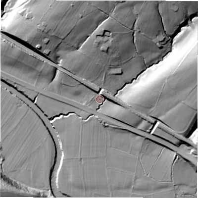Shaded relief map of the ground around S321EG, computed from Environment Agency LiDAR. The ground here sits at about 150 m above sea level and falls 46 m across the surrounding 800 m. Surface water reaching this point runs off ground lying to the north-north-east, 35.8 m higher.