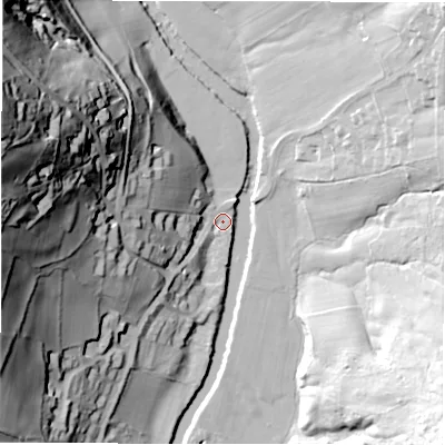 Shaded relief map of the ground around S322AA, computed from Environment Agency LiDAR. The ground here sits at about 128 m above sea level and falls 90 m across the surrounding 800 m. Surface water reaching this point runs off ground lying to the west-north-west, 82.8 m higher.