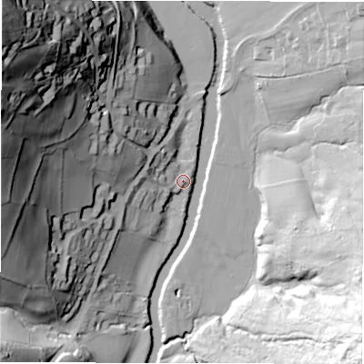 Shaded relief map of the ground around S322HD, computed from Environment Agency LiDAR. The ground here sits at about 129 m above sea level and falls 97 m across the surrounding 800 m. Surface water reaching this point runs off ground lying to the west, 9.5 m higher.