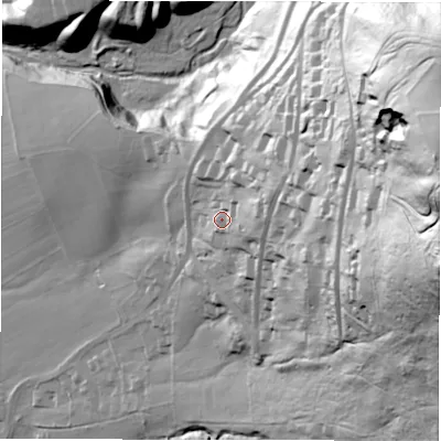 Shaded relief map of the ground around S322HE, computed from Environment Agency LiDAR. The ground here sits at about 174 m above sea level and falls 152 m across the surrounding 800 m. Surface water reaching this point runs off ground lying to the east-north-east, 33.1 m higher.