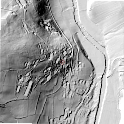 Shaded relief map of the ground around S322HS, computed from Environment Agency LiDAR. The ground here sits at about 170 m above sea level and falls 127 m across the surrounding 800 m. Surface water reaching this point runs off ground lying to the west, 35.9 m higher.