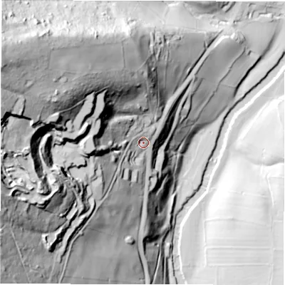 Shaded relief map of the ground around S322HW, computed from Environment Agency LiDAR. The ground here sits at about 163 m above sea level and falls 145 m across the surrounding 800 m. Surface water reaching this point runs off ground lying to the west-north-west, 106.2 m higher.