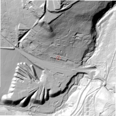 Shaded relief map of the ground around S322HY, computed from Environment Agency LiDAR. The ground here sits at about 173 m above sea level and falls 136 m across the surrounding 800 m. Surface water reaching this point runs off ground lying to the north, 82.6 m higher.