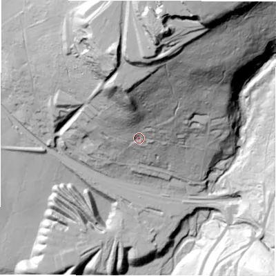 Shaded relief map of the ground around S322JA, computed from Environment Agency LiDAR. The ground here sits at about 190 m above sea level and falls 143 m across the surrounding 800 m. Surface water reaching this point runs off ground lying to the north, 85.5 m higher.