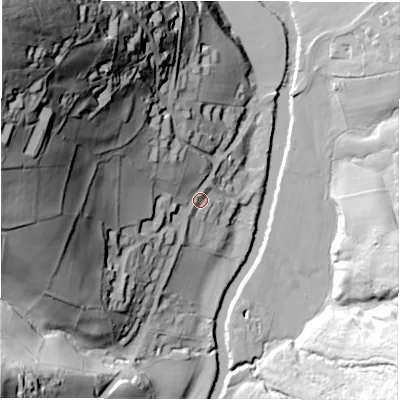 Shaded relief map of the ground around S322JN, computed from Environment Agency LiDAR. The ground here sits at about 136 m above sea level and falls 114 m across the surrounding 800 m. Surface water reaching this point runs off ground lying to the north-west, 44.0 m higher.