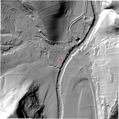 Shaded relief map of the ground around S323WU, computed from Environment Agency LiDAR. The ground here sits at about 119 m above sea level and falls 88 m across the surrounding 800 m. Surface water reaching this point runs off ground lying to the north-west, 5.3 m higher.