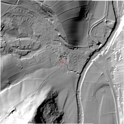 Shaded relief map of the ground around S323WW, computed from Environment Agency LiDAR. The ground here sits at about 119 m above sea level and falls 84 m across the surrounding 800 m. Surface water reaching this point runs off ground lying to the south-south-west, 79.4 m higher.