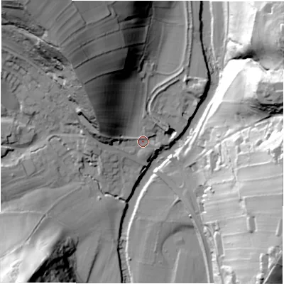 Shaded relief map of the ground around S323XA, computed from Environment Agency LiDAR. The ground here sits at about 120 m above sea level and falls 60 m across the surrounding 800 m. Surface water reaching this point runs off ground lying to the north-west, 31.4 m higher.
