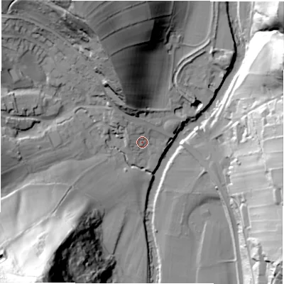 Shaded relief map of the ground around S323XE, computed from Environment Agency LiDAR. The ground here sits at about 120 m above sea level and falls 82 m across the surrounding 800 m. Surface water reaching this point runs off ground lying to the north-north-west, 4.6 m higher.