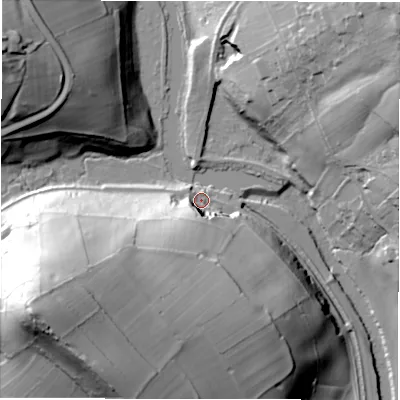 Shaded relief map of the ground around S323XT, computed from Environment Agency LiDAR. The ground here sits at about 126 m above sea level and falls 69 m across the surrounding 800 m. Surface water reaching this point runs off ground lying to the south-south-west, 26.8 m higher.