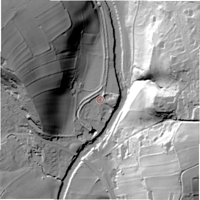 Shaded relief map of the ground around S323YY, computed from Environment Agency LiDAR. The ground here sits at about 120 m above sea level and falls 66 m across the surrounding 800 m. Surface water reaching this point runs off ground lying to the north-east, 3.3 m higher.