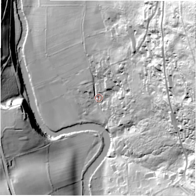 Shaded relief map of the ground around S323ZN, computed from Environment Agency LiDAR. The ground here sits at about 129 m above sea level and falls 107 m across the surrounding 800 m. Surface water reaching this point runs off ground lying to the north-east, 101.1 m higher.