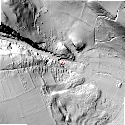 Shaded relief map of the ground around S324AA, computed from Environment Agency LiDAR. The ground here sits at about 146 m above sea level and falls 89 m across the surrounding 800 m. Surface water reaching this point runs off ground lying to the north-west, 80.8 m higher.