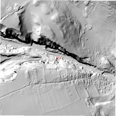 Shaded relief map of the ground around S324TF, computed from Environment Agency LiDAR. The ground here sits at about 156 m above sea level and falls 98 m across the surrounding 800 m. Surface water reaching this point runs off ground lying to the north-west, 85.7 m higher.