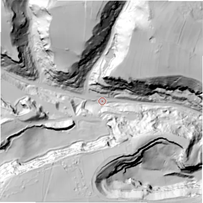 Shaded relief map of the ground around S324TR, computed from Environment Agency LiDAR. The ground here sits at about 176 m above sea level and falls 115 m across the surrounding 800 m. Surface water reaching this point runs off ground lying to the south-west, 104.3 m higher.