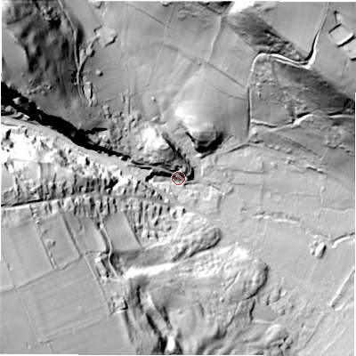 Shaded relief map of the ground around S324TT, computed from Environment Agency LiDAR. The ground here sits at about 147 m above sea level and falls 90 m across the surrounding 800 m. Surface water reaching this point runs off ground lying to the west-north-west, 75.5 m higher.