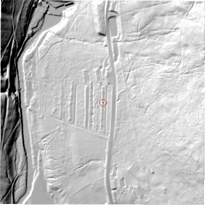 Shaded relief map of the ground around S330AE, computed from Environment Agency LiDAR. The ground here sits at about 197 m above sea level and falls 135 m across the surrounding 800 m. Surface water reaching this point runs off ground lying to the east, 87.8 m higher.
