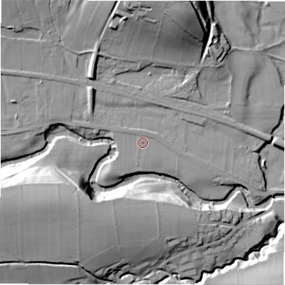 Shaded relief map of the ground around S330AL, computed from Environment Agency LiDAR. The ground here sits at about 152 m above sea level and falls 40 m across the surrounding 800 m. Surface water reaching this point runs off ground lying to the west-north-west, 1.1 m higher.