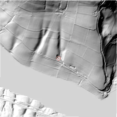 Shaded relief map of the ground around S330AQ, computed from Environment Agency LiDAR. The ground here sits at about 223 m above sea level and falls 127 m across the surrounding 800 m. Surface water reaching this point runs off ground lying to the north-north-east, 107.6 m higher.