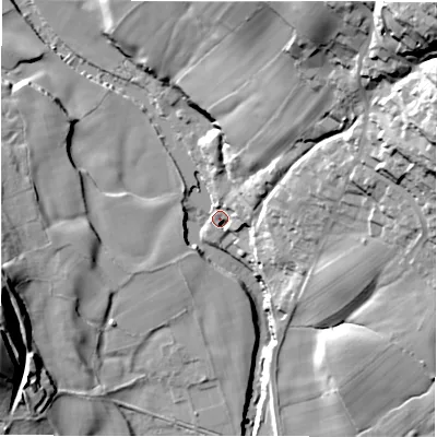 Shaded relief map of the ground around S330AU, computed from Environment Agency LiDAR. The ground here sits at about 151 m above sea level and falls 61 m across the surrounding 800 m. Surface water reaching this point runs off ground lying to the north-east, 51.5 m higher.
