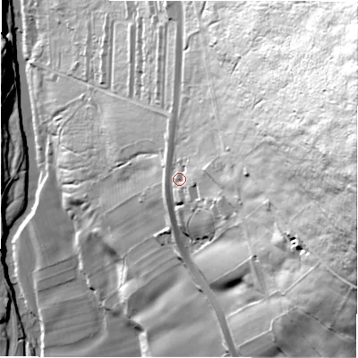 Shaded relief map of the ground around S330AZ, computed from Environment Agency LiDAR. The ground here sits at about 197 m above sea level and falls 143 m across the surrounding 800 m. Surface water reaching this point runs off ground lying to the east-north-east, 102.3 m higher.