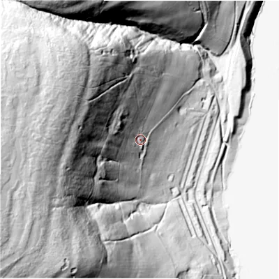 Shaded relief map of the ground around S330BB, computed from Environment Agency LiDAR. The ground here sits at about 287 m above sea level and falls 163 m across the surrounding 800 m. Surface water reaching this point runs off ground lying to the west-north-west, 116.0 m higher.