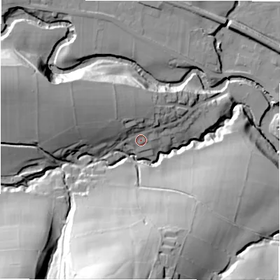 Shaded relief map of the ground around S330BG, computed from Environment Agency LiDAR. The ground here sits at about 160 m above sea level and falls 79 m across the surrounding 800 m. Surface water reaching this point runs off ground lying to the west-north-west, 16.8 m higher.