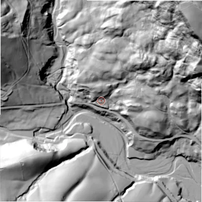 Shaded relief map of the ground around S330BJ, computed from Environment Agency LiDAR. The ground here sits at about 251 m above sea level and falls 166 m across the surrounding 800 m. Surface water reaching this point runs off ground lying to the north, 15.9 m higher.
