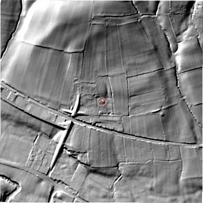 Shaded relief map of the ground around S336RB, computed from Environment Agency LiDAR. The ground here sits at about 171 m above sea level and falls 42 m across the surrounding 800 m. Surface water reaching this point runs off ground lying to the north, 26.3 m higher.