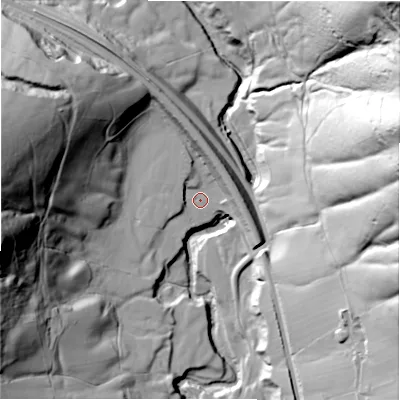 Shaded relief map of the ground around S336RF, computed from Environment Agency LiDAR. The ground here sits at about 183 m above sea level and falls 139 m across the surrounding 800 m. Surface water reaching this point runs off ground lying to the north, 14.9 m higher.