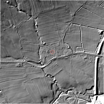 Shaded relief map of the ground around S336RL, computed from Environment Agency LiDAR. The ground here sits at about 176 m above sea level and falls 28 m across the surrounding 800 m. Surface water reaching this point runs off ground lying to the north-west, 2.0 m higher.
