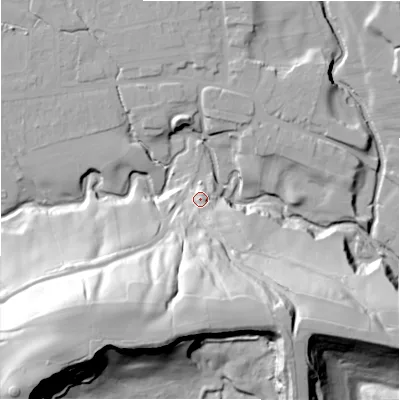 Shaded relief map of the ground around S336RN, computed from Environment Agency LiDAR. The ground here sits at about 170 m above sea level and falls 78 m across the surrounding 800 m. Surface water reaching this point runs off ground lying to the south-south-east, 42.9 m higher.