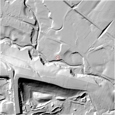 Shaded relief map of the ground around S336RR, computed from Environment Agency LiDAR. The ground here sits at about 161 m above sea level and falls 54 m across the surrounding 800 m. Surface water reaching this point runs off ground lying to the north-north-east, 4.6 m higher.